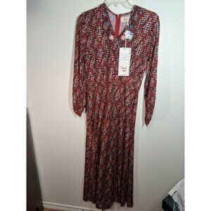 NWT Sheryl Crow Dress Woven Look Embroidered V-Neck Kaftan Maxi Red Size Small
